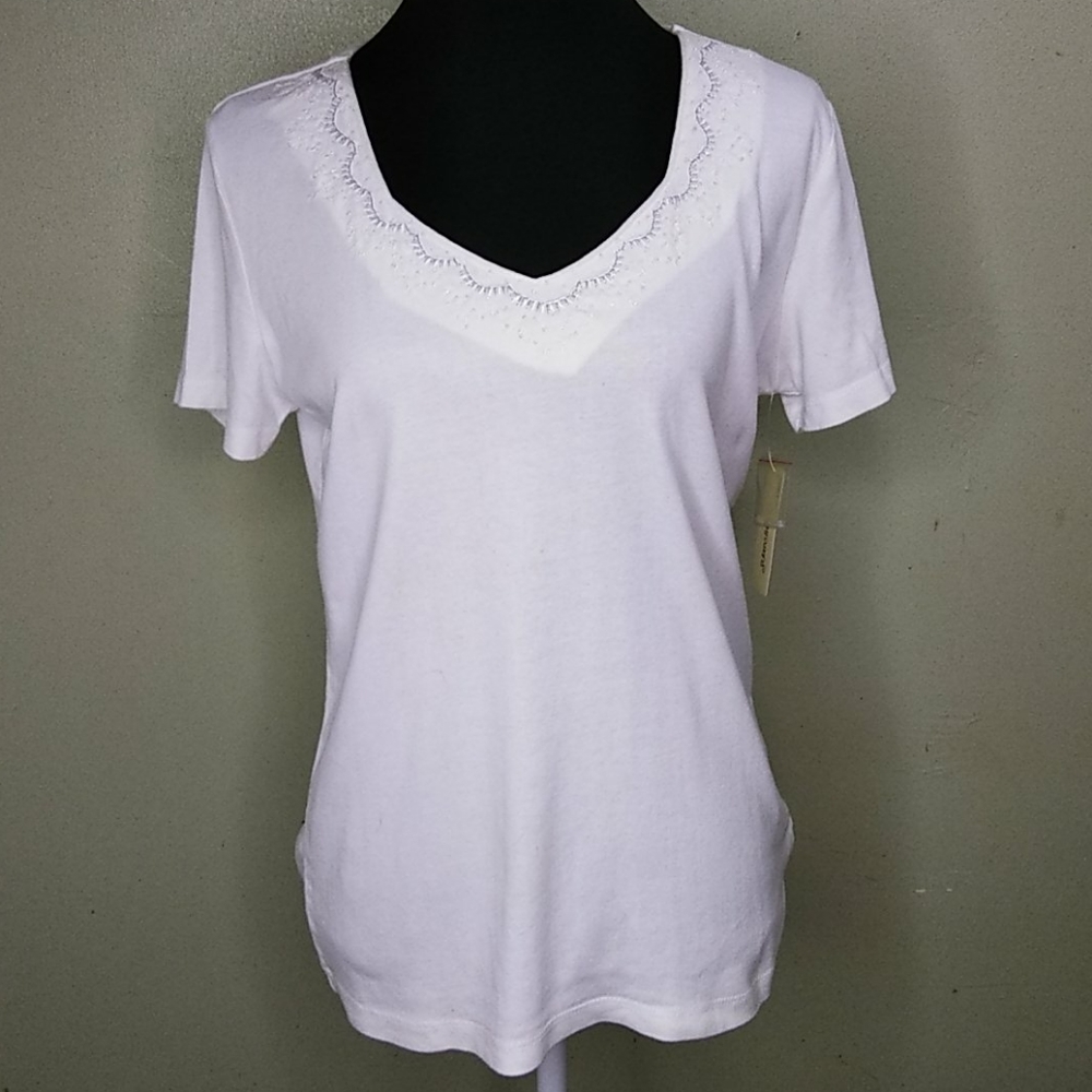 St. John's Bay White Top WIth Embellished Queen Anne Neckline -  L - NWT